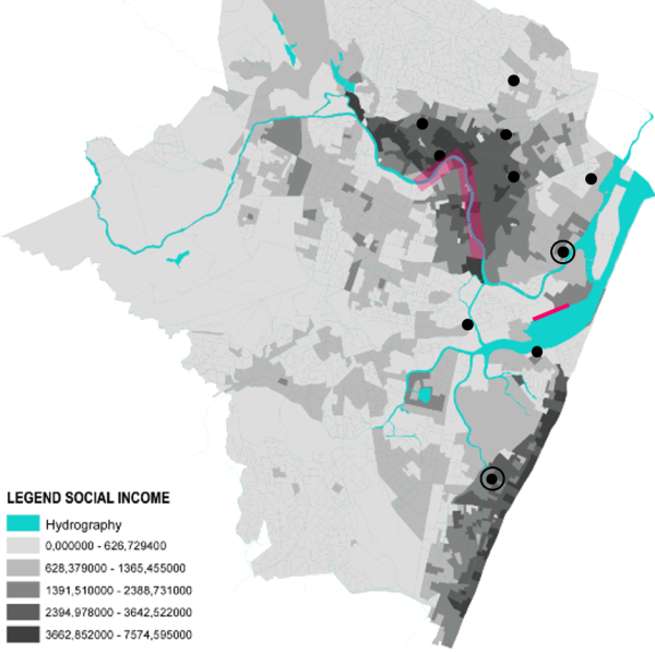 Mapa de Renda da População do Recife | Centros principais e secundários Grandes Projetos Urbanos - Parque Capibaribe e Novo Recife. Fonte: Censo IBGE, 2010; ICPS, 2011; PPC, 2015.